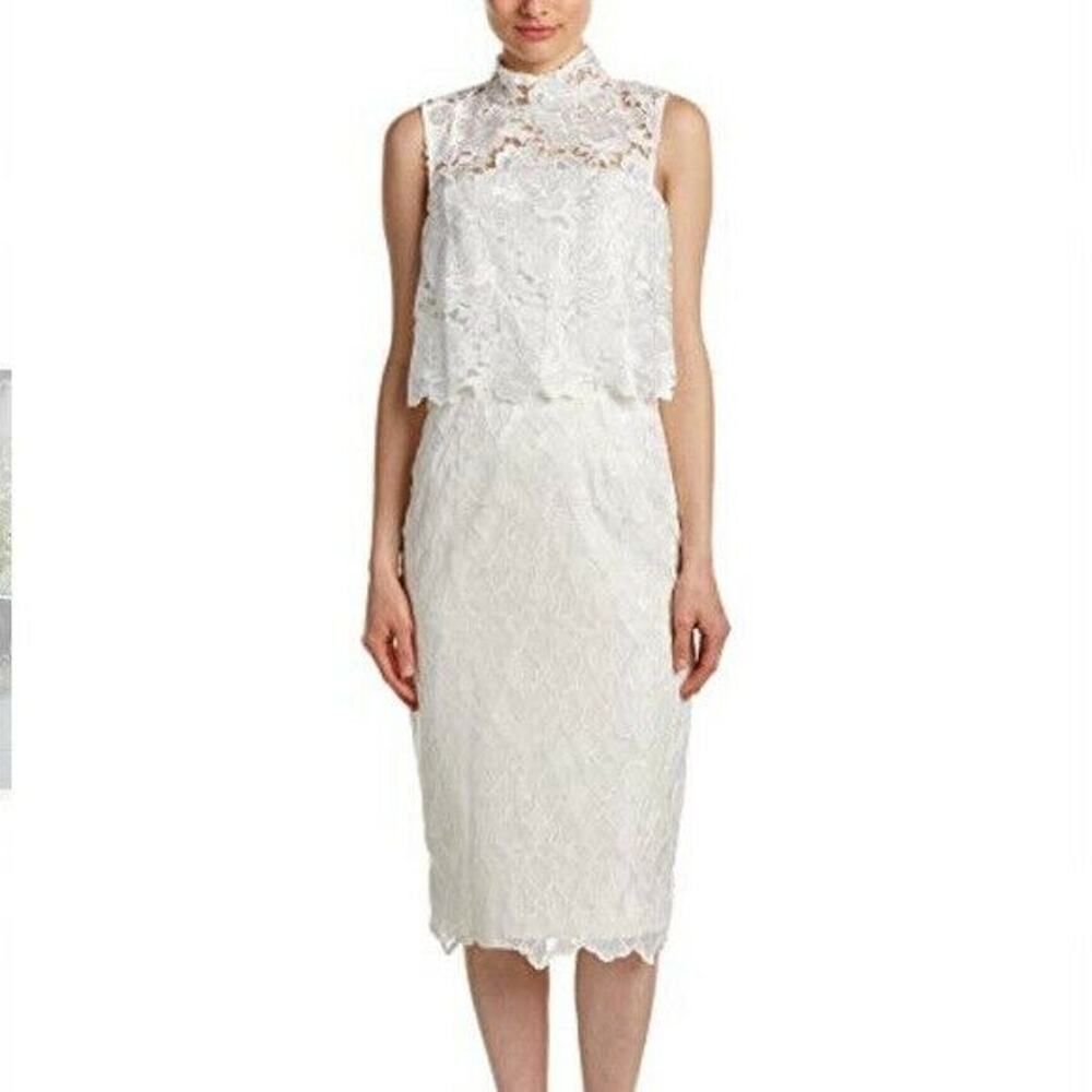 Monique Lhuillier Dress 4 Wht Lace Cocktail High Neck Structured 444209 NWT $598
